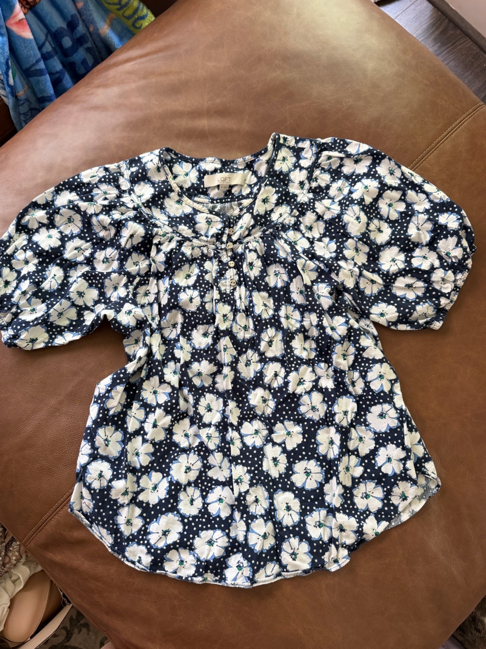 LOFT Navy Floral Puff Sleeve Blouse